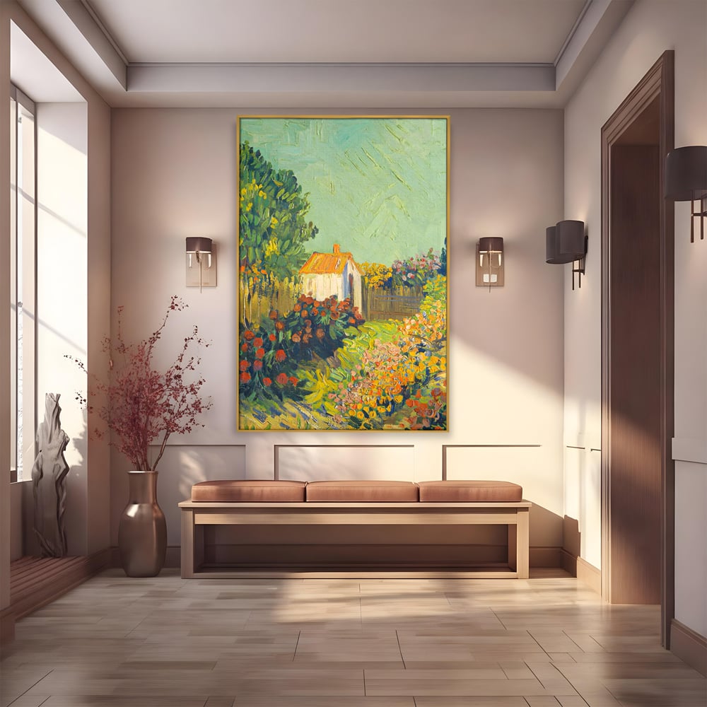 Tablou canvas cu pictura cu o casuta in gradina, in rama de aluminiu auriu